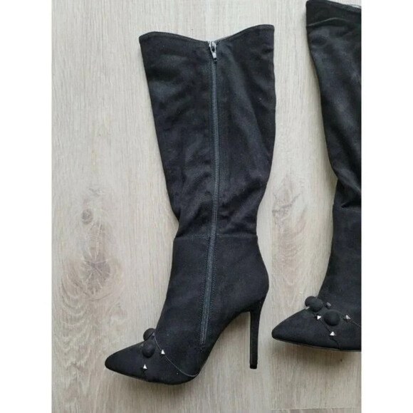 Yoki Black Faux Suede Sock Knee High Pointed Toe Studded High Heel Boots 8 - Picture 6 of 10